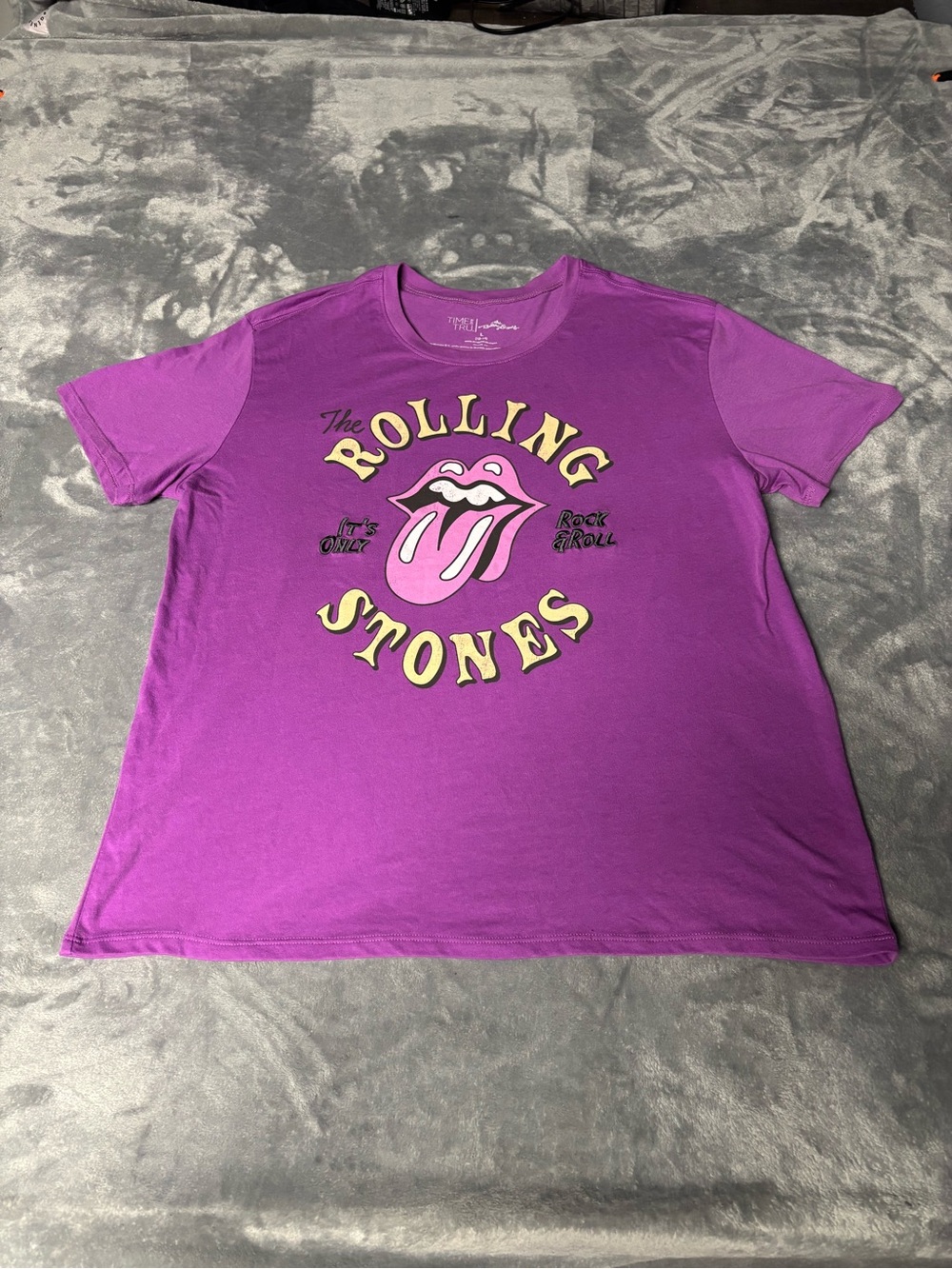 the Rolling Stones Purple Graphic Tee with Pink Tongue Logo